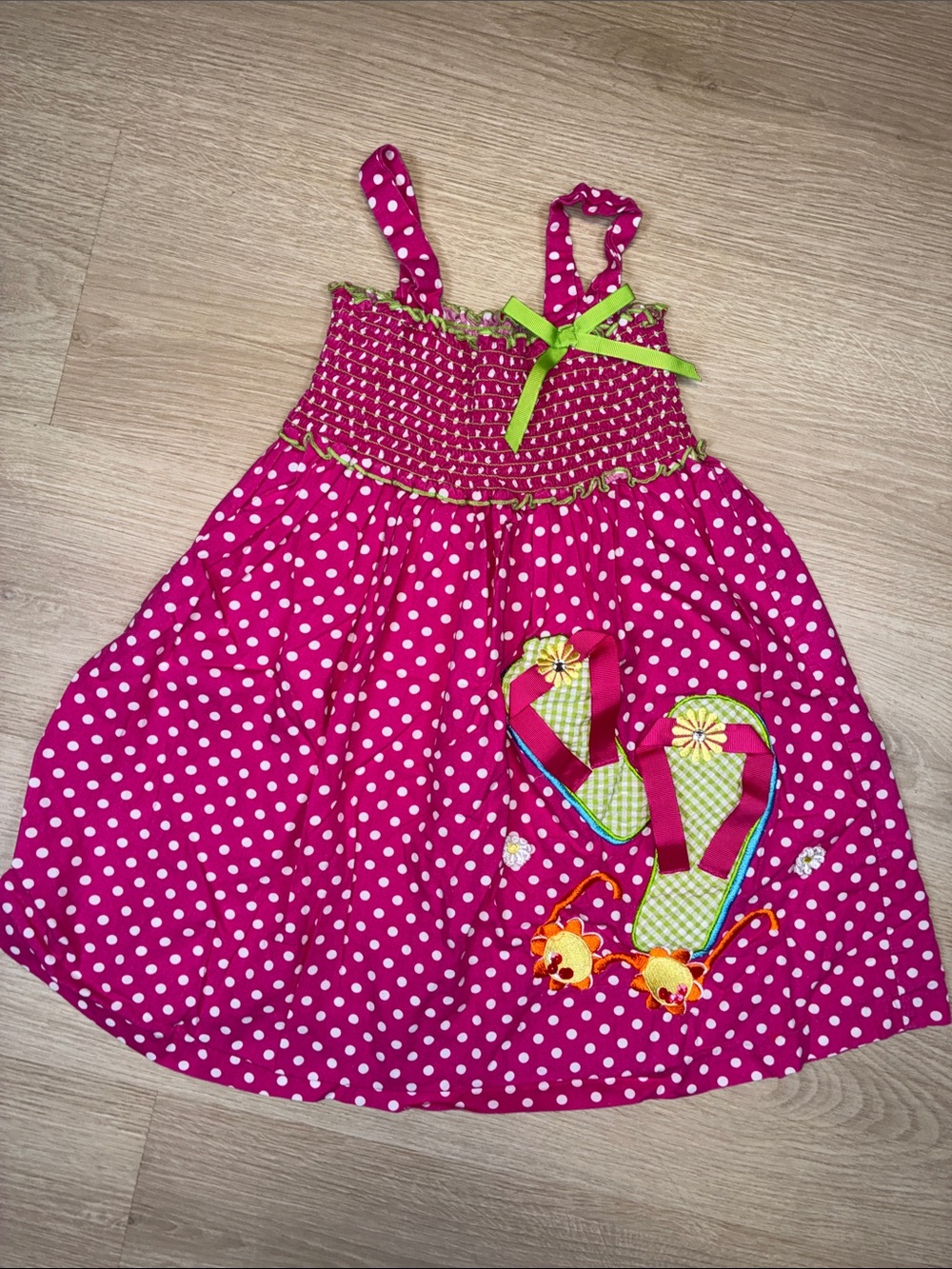 Bonnie Jean Pink Polka Dot Sundress with Green Bow & Flip-Flop Applique